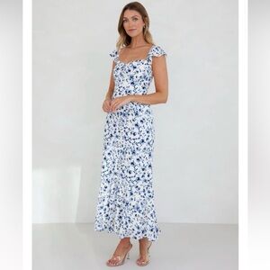 Park & Fifth White Maxi Dress with Blue Floral Print